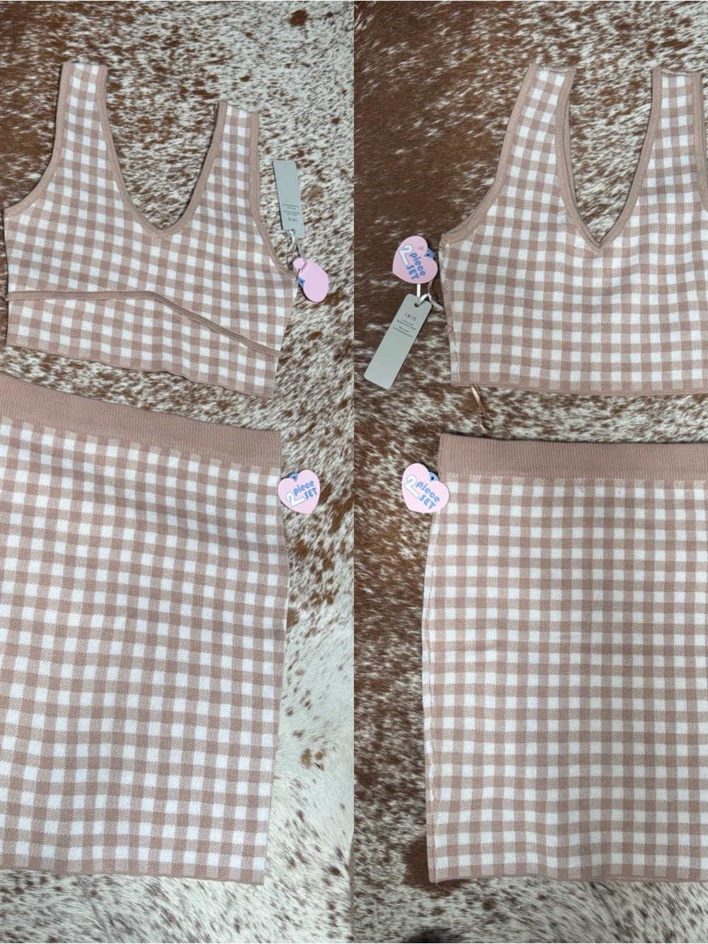 Iris Basic Pink & White Gingham Knit Crop Top and Skirt Set